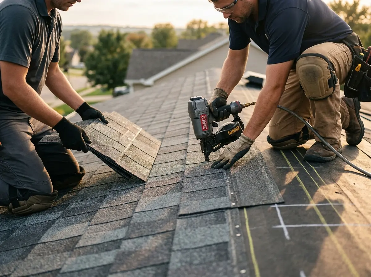 Professional roofer working on a residential roof in Woodmere